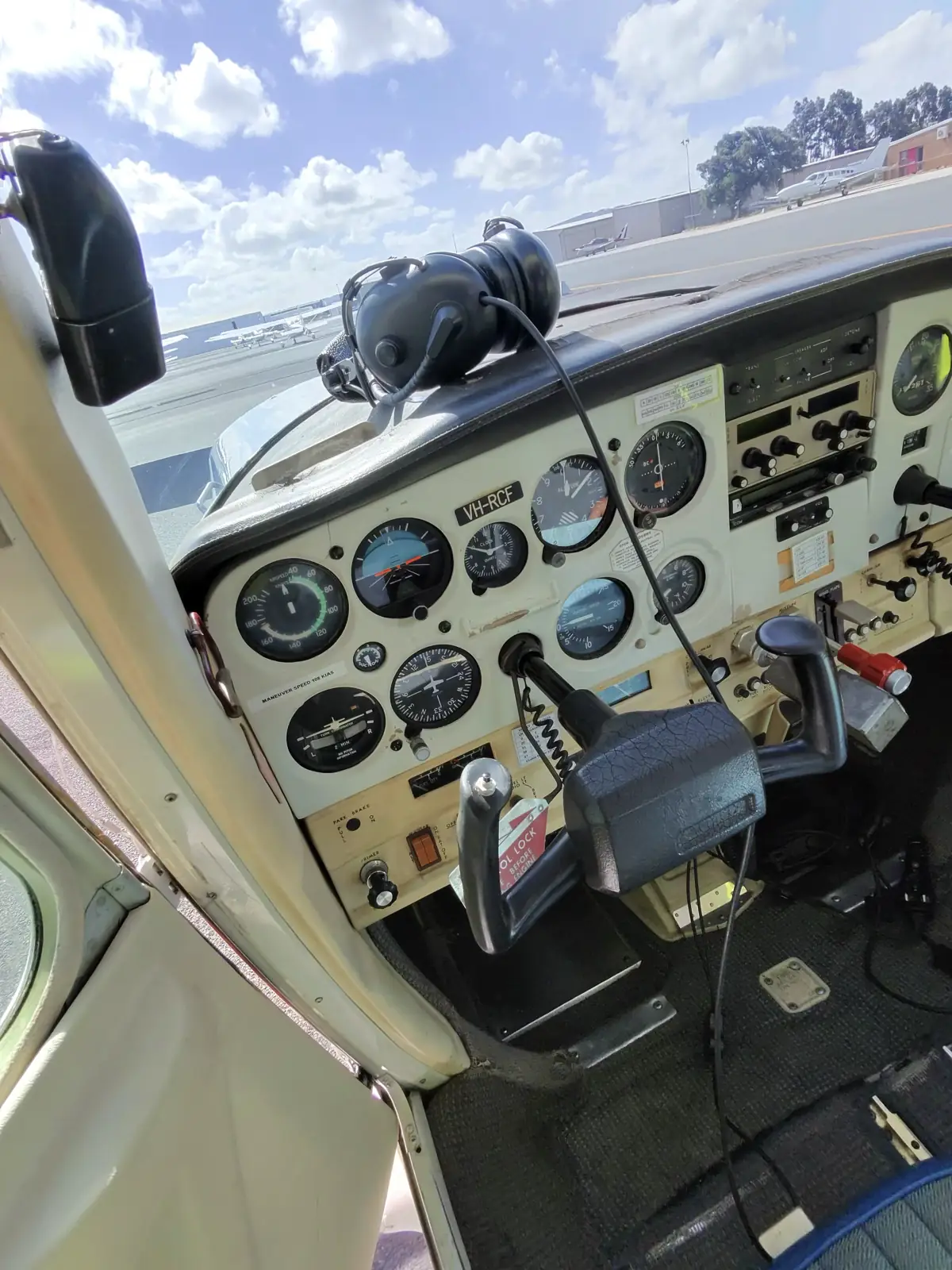 Headset and instruments inside a light aircraft
