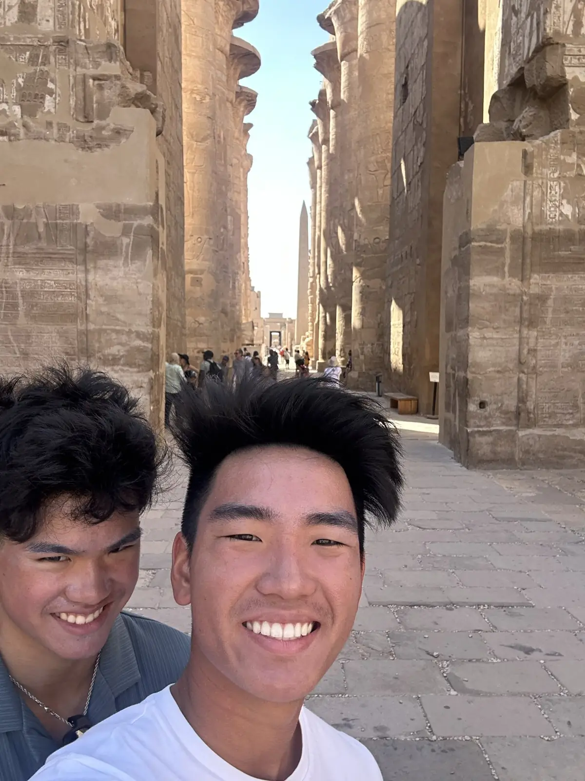 A travel selfie among the columns at Karnak Temple